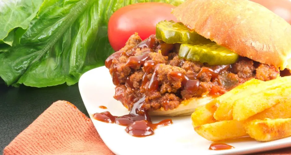 Philly Cheesesteak Sloppy Joes with fries and pickles