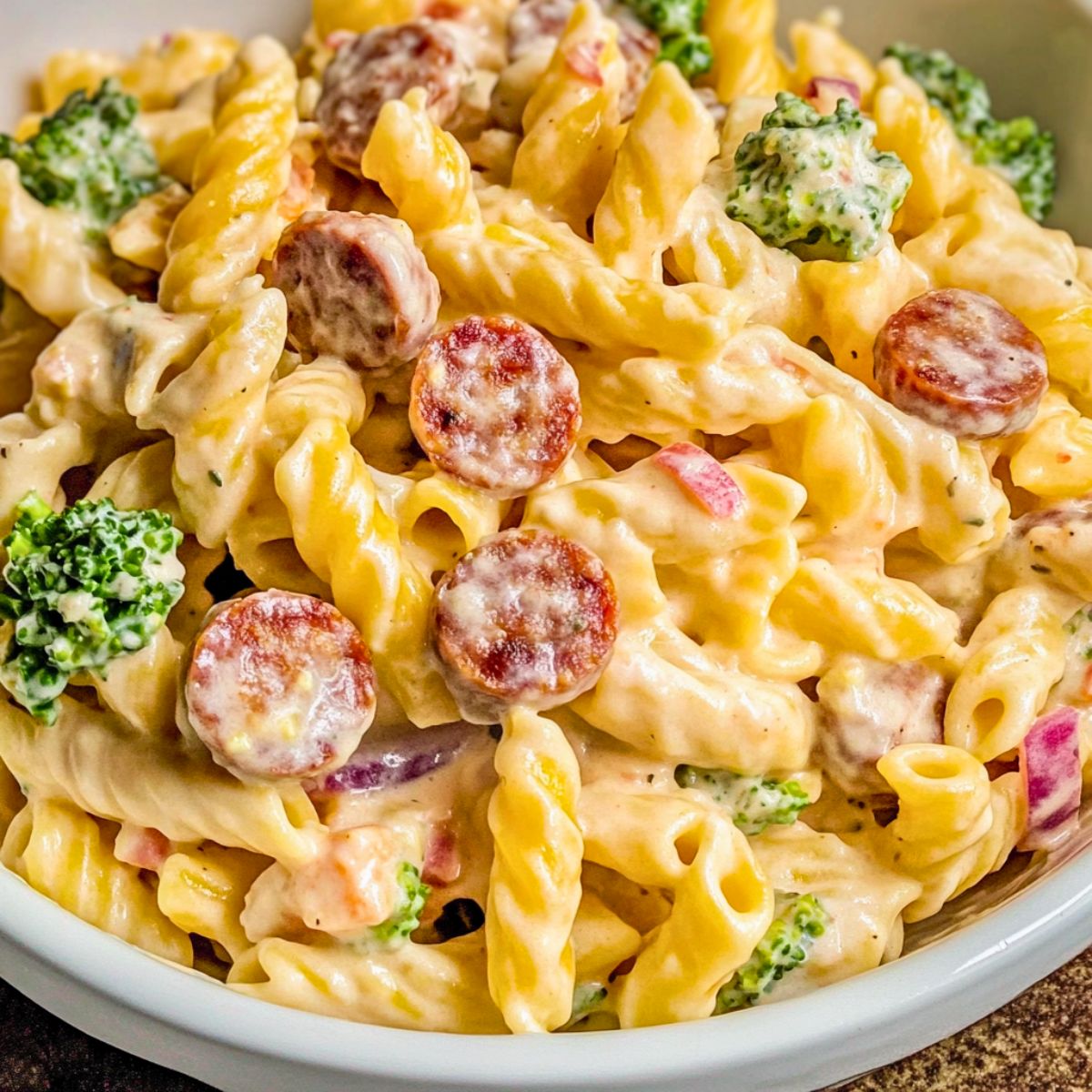 Making Creamy Pasta Salad With Sausage